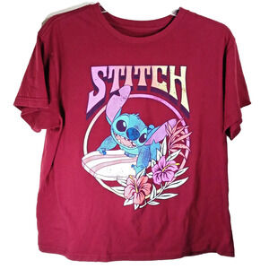 Disney Stitch T-Shirt Size Large Maroon Red Crew Neck Surfer Lilo Ohana